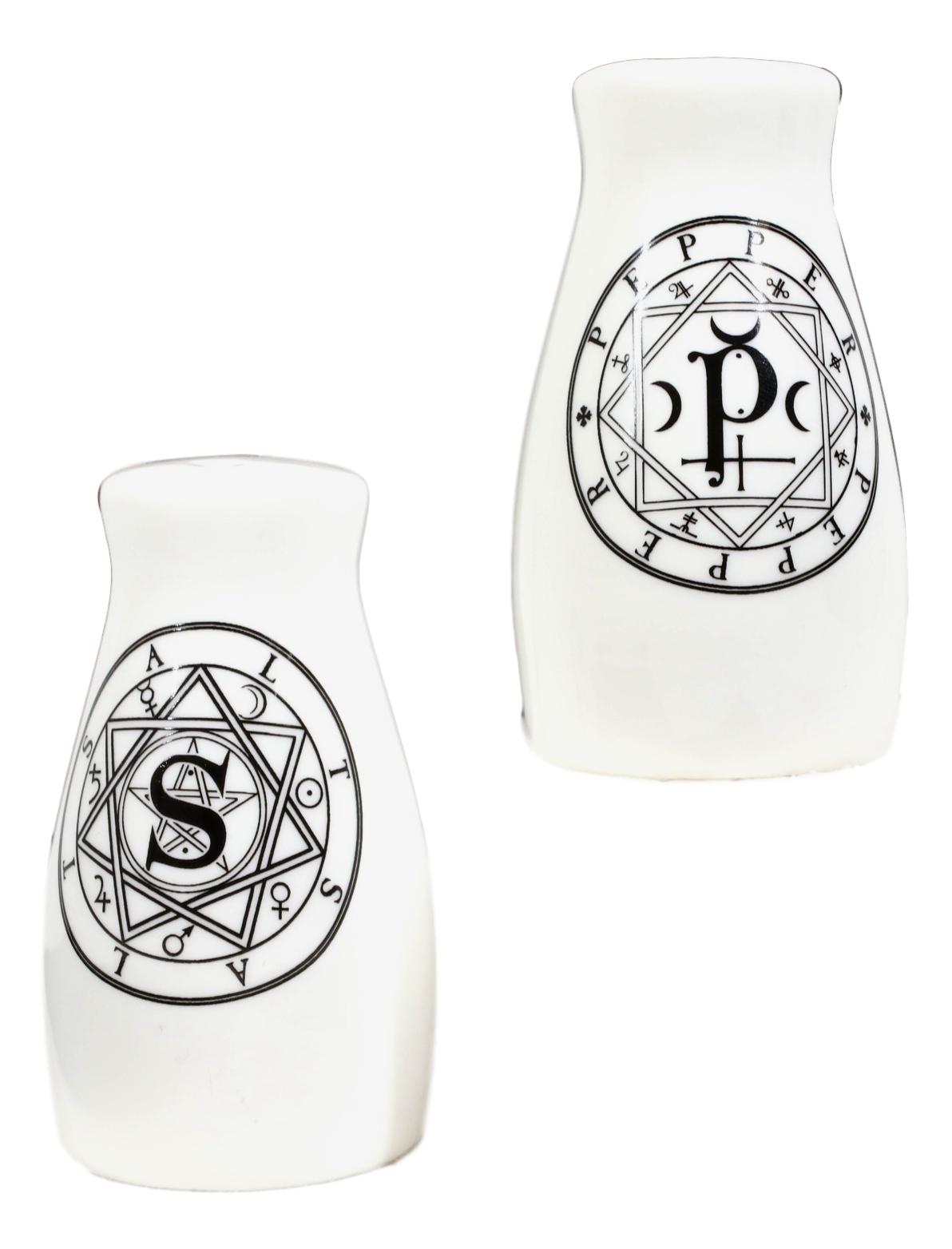 Wicca Sacred Geometry Pentacles Crescent Moons Ceramic Salt n Pepper Shakers Set - Ebros Gift