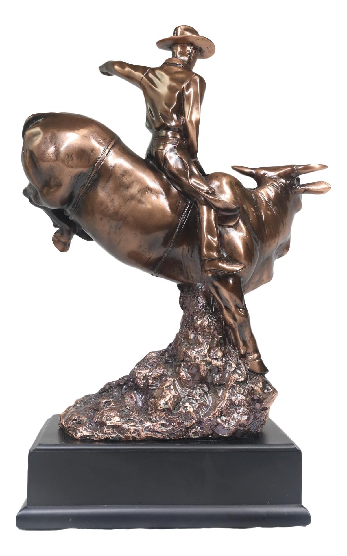 Wild Western Rodeo Cowboy With Bucking Bull Bronze Electroplated Statue - Ebros Gift