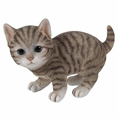 Lifelike Crouching Grey Striped Tabby Cat Statue 8.25"Long Realistic Glass Eyes