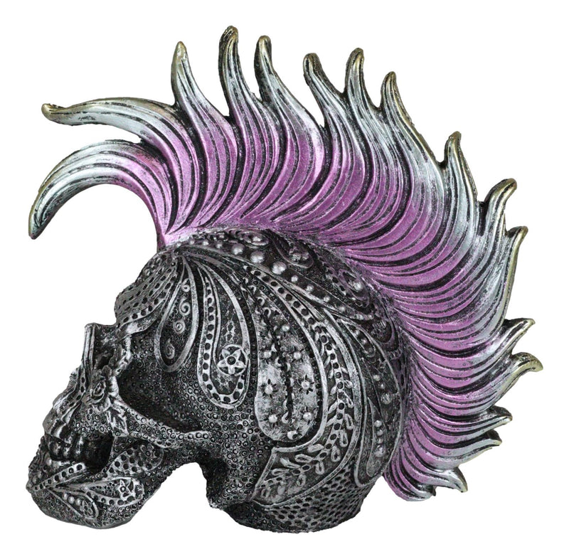 Silver Mohawk Purple Punk Haired Skull In Tooled Peacock Feathers Tattoo Statue