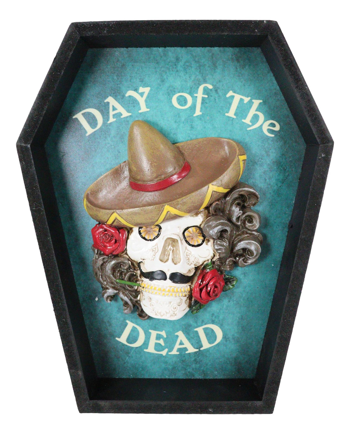 Day Of The Dead Masquerade Red Rose Skull With Sombrero Hat In Coffin Wall Decor