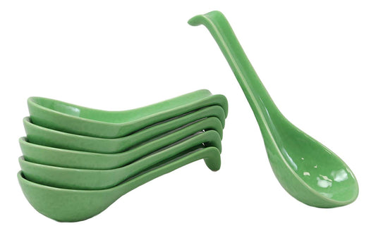 Ebros Japanese Modern Porcelain Soup Spoons With Ladle Hook Pack Of 6 (Green) - Ebros Gift