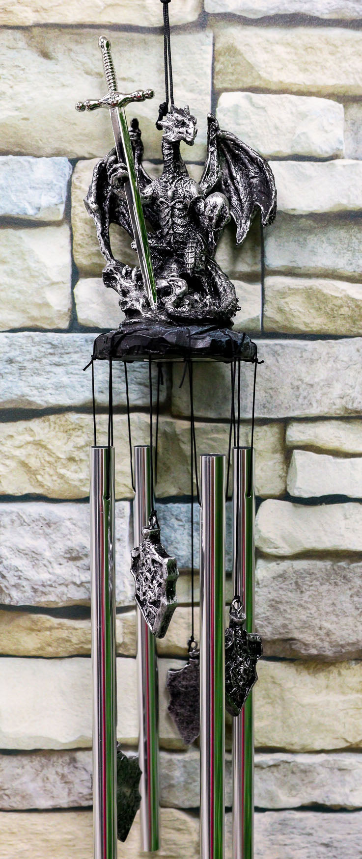 Ebros Gift Medieval Silver Dragon Holding Excalibur Sword and Orb Figurine Crown Top Resonant Wind Chime Garden Patio Home Fantasy Dungeons and Dragons Accent Decor - Ebros Gift