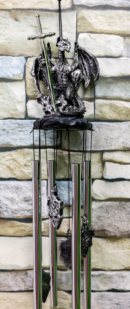 Ebros Gift Medieval Silver Dragon Holding Excalibur Sword and Orb Figurine Crown Top Resonant Wind Chime Garden Patio Home Fantasy Dungeons and Dragons Accent Decor - Ebros Gift