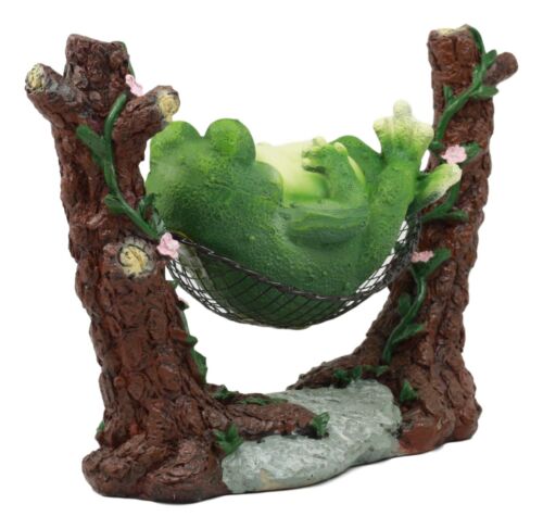 Lazy Day Whimsical Fat Frog Sleeping On Hammock Statue for Storybook Tale Animal