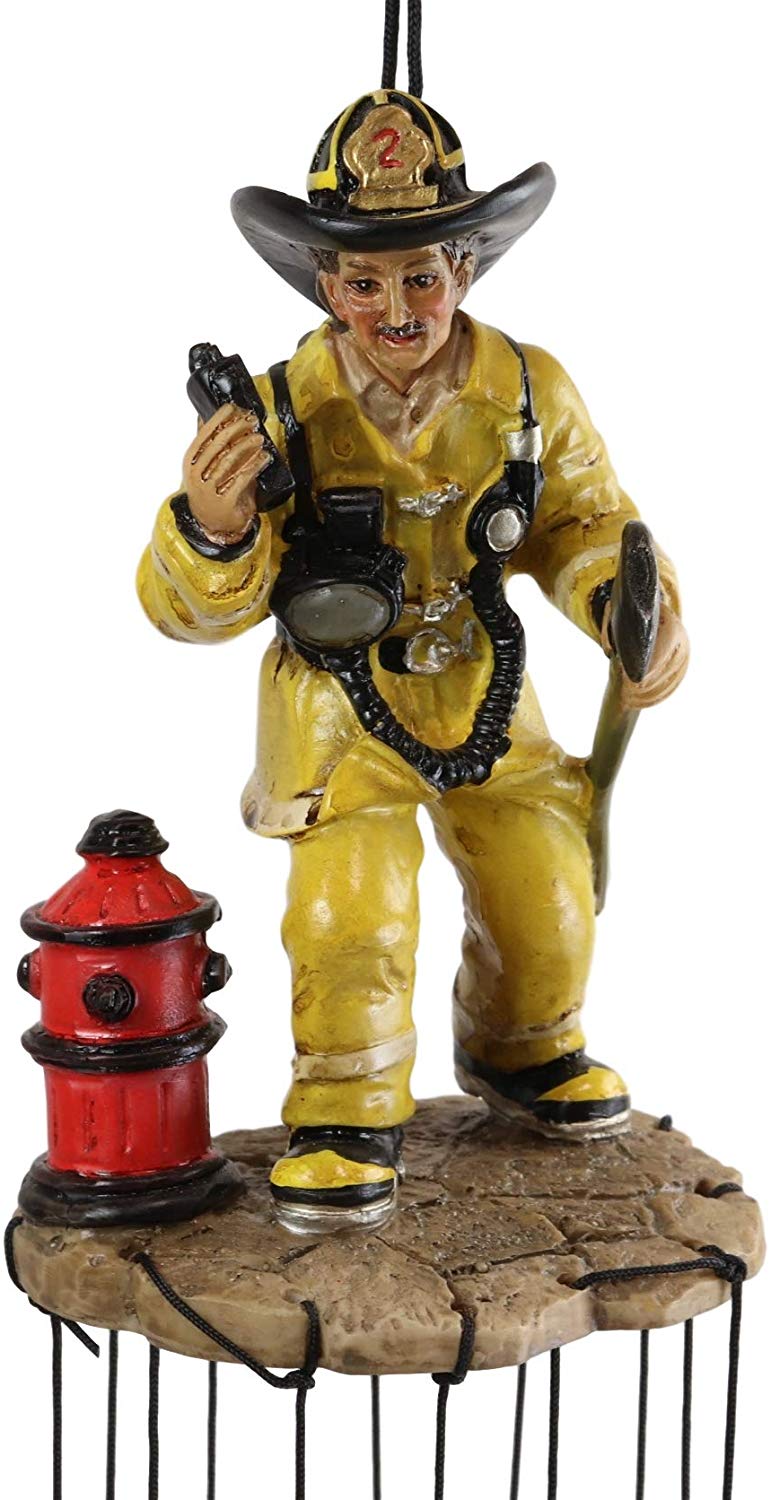 Ebros Gift Yellow Gear Outfit Fireman in Line of Duty with Axe and Red Hydrant Resonant Relaxing Wind Chime Patio Garden Accent of Fire Fighters Hydrants 911 Emergency Civil Service - Ebros Gift
