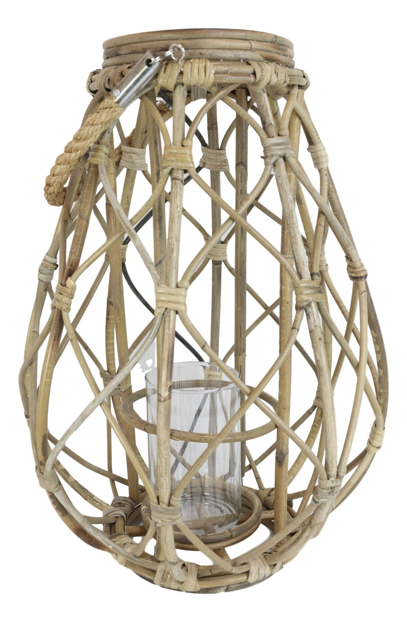 19"H Rustic Farmhouse Teardrop Woven Rattan Candle Lantern With Jute Rope Handle
