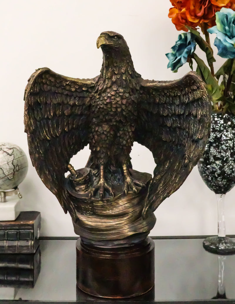 Large Grand Bald Eagle Perching On USA American Flag Figurine With Round Base