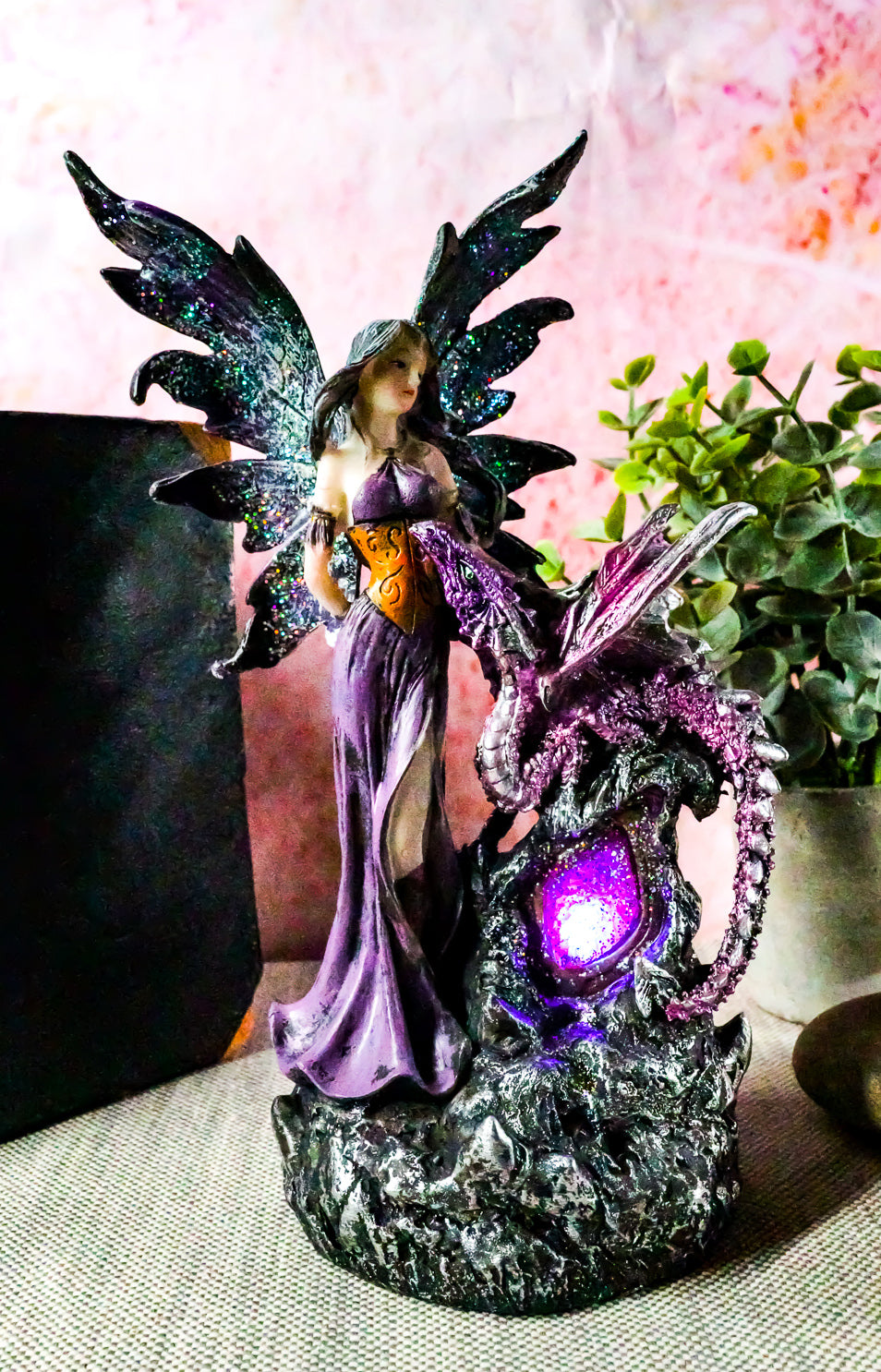 Purple Fairy With Dragon Sitting On LED Crystal Geode Night Light Statue Decor - Ebros Gift