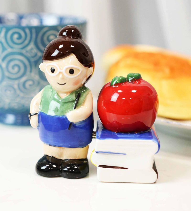 Ceramic Lady School Teacher And Red Apple Books Salt Pepper Shakers Figurine Set