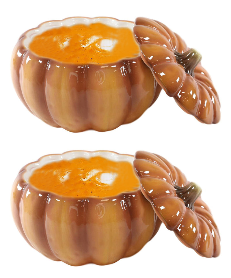 Ebros Home And Kitchen Orange Ceramic Pumpkin Soup Or Dessert Bowl With Lid Set of 2