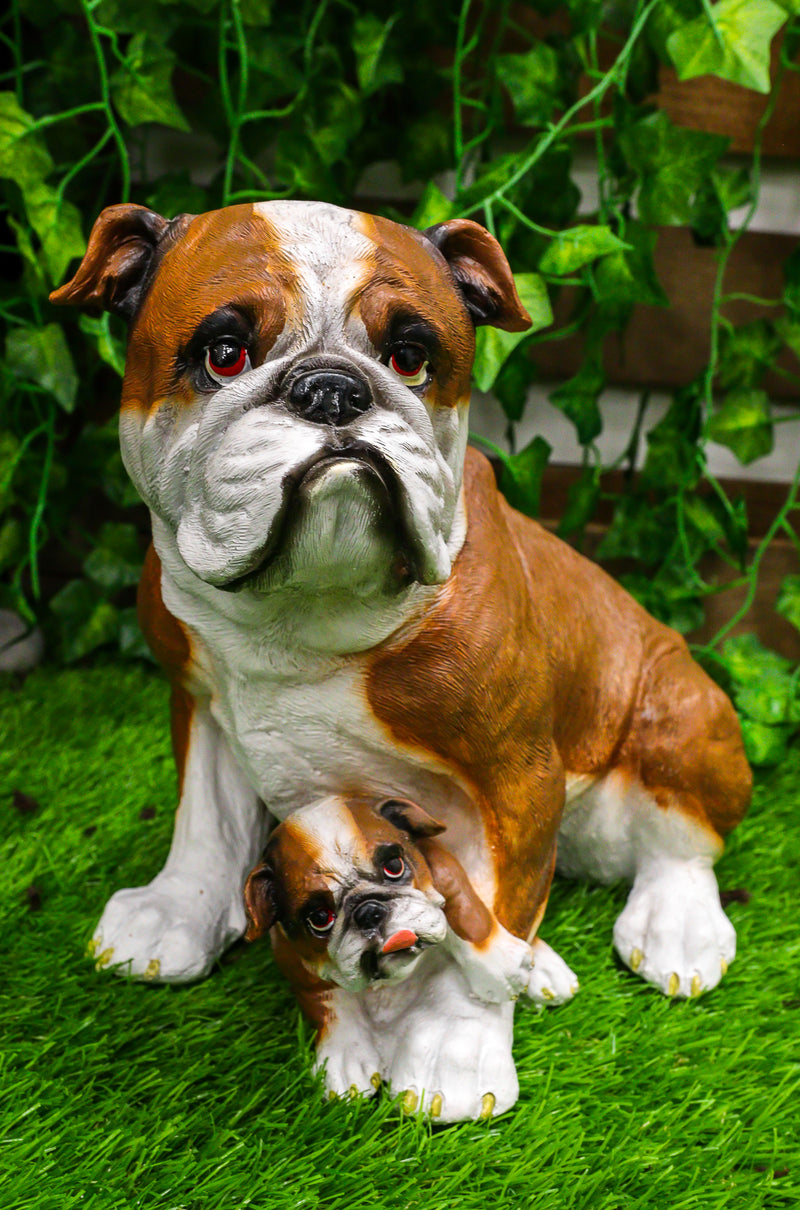 Ebros Realistic Lifelike Bulldog Mother and Puppy Statue 10" Tall Dog Breeds American Bulldogs Figurine Gallery Quality Sculpture with Glass Eyes