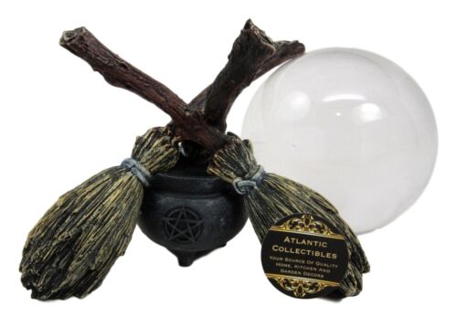 Ebros Scrying Witch Crystal Glass Gazing Ball On Broomsticks and Potion Cauldron Figurine 8" H Witchcraft Wicca Wiccan Witches Decor Halloween Sculpture Decorative