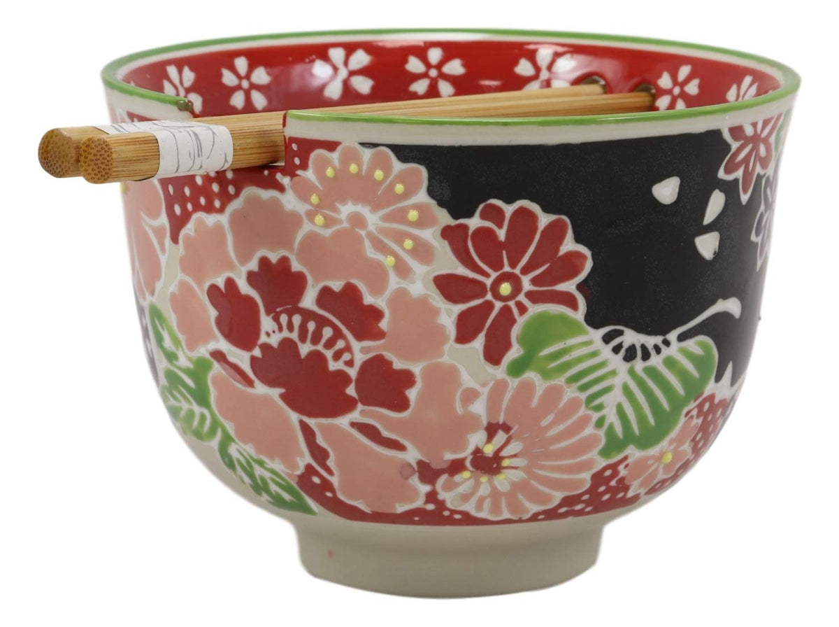 Ebros Gift Pink Fuchsia Floral Blossoms Ramen Udong Noodles 5" Diameter Bowl With Built In Chopsticks Rest and Bamboo Chopstick Set for Dining Soup Rice Meal Cereal Bowls Decor