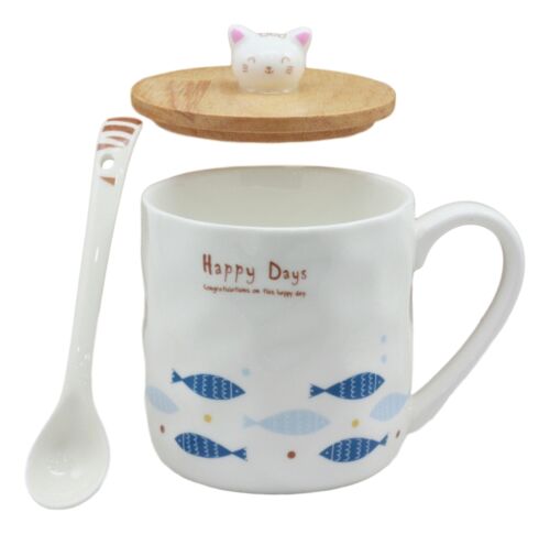 Happy Days Kitty Cat With Fishes Ceramic Coffee Tea Mug Cup With Spoon And Lid - Ebros Gift