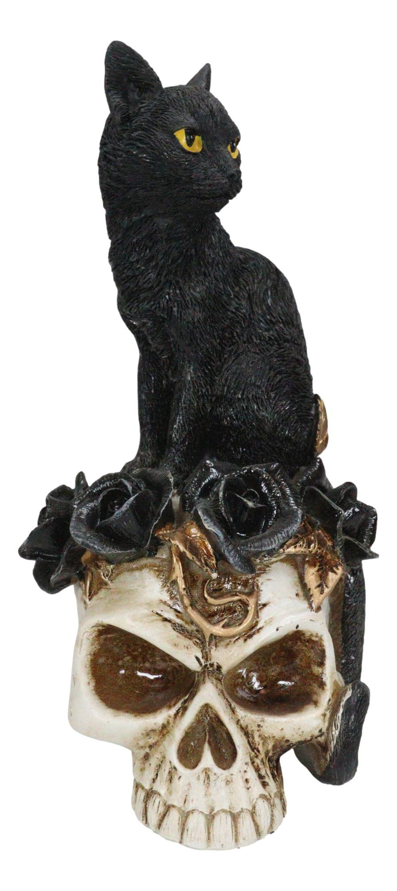 Gothic Black Feline Cat Sitting On Rose Vampire Skull Grimalkin's Ghost Figurine