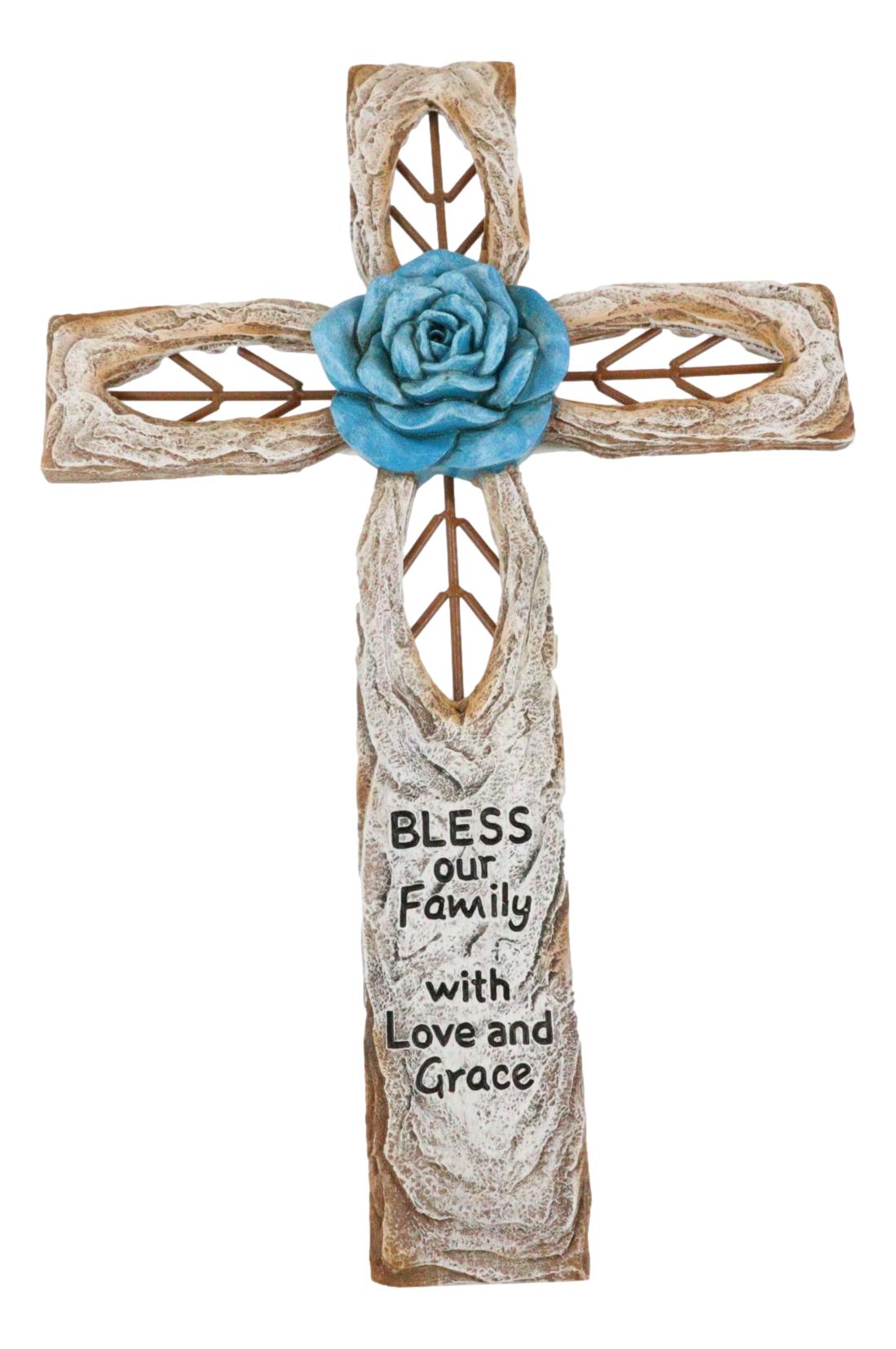 Rustic Aqua Blue Rose Flower Bless Our Family With Love And Grace Wall Cross