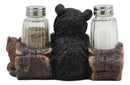 Baby Bear Cub Sitting In Log With Squirrel Salt And Pepper Shakers Holder Statue