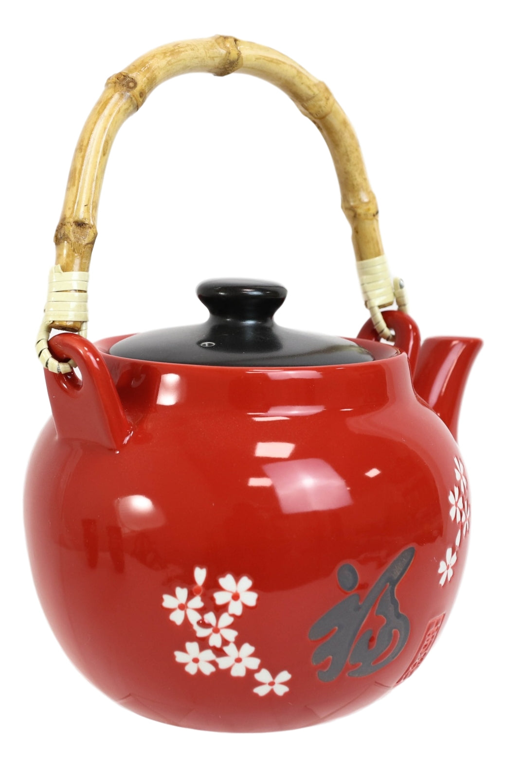 Sakura White Japanese Cherry Blossoms Porcelain Red Tea Pot 42oz And 4 Cups Set - Ebros Gift