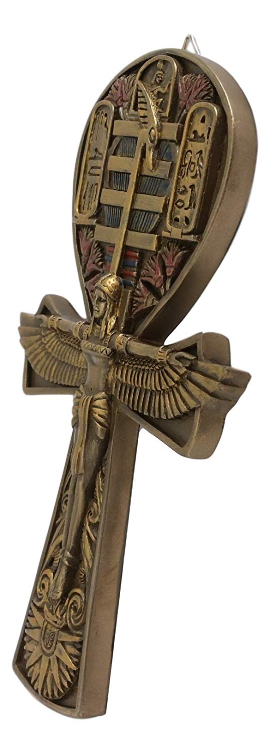 Ebros Egyptian Ankh of Isis with Open Wings Wall Plaque 7.5" High (Bronze)