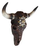 Western Faux Patched Denim Steer Cow Skull With Star And Conchos Wall Decor