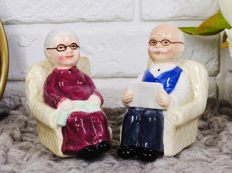 Ebros Grandma & Grandpa Couple Sofa Past Times Ceramic Salt Pepper Shaker Set