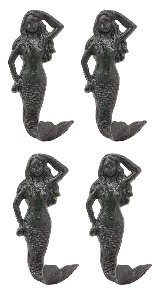 Ebros Gift 6"H Mermaid Cast Iron Rustic Wall Coat Hook For Keys Leashes Hats (4) - Ebros Gift