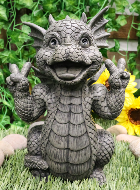 Ebros Whimsical Garden Dragon with Hippie Peace Sign Gesture Statue 10.5" Tall - Ebros Gift