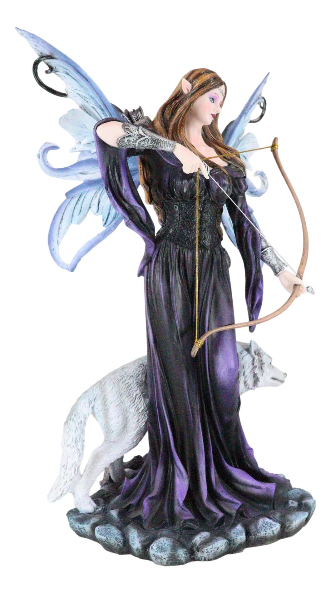 Moon Goddess Artemis Fairy with White Snow Wolf Drawing Bow and Arrow Statue