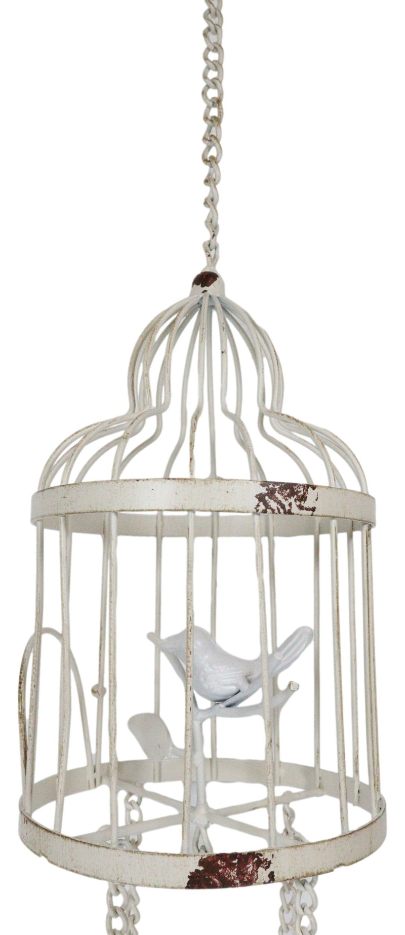 Whimsical Rustic White Bird Perching On Twig In Cage Aluminum Metal Wind Chime