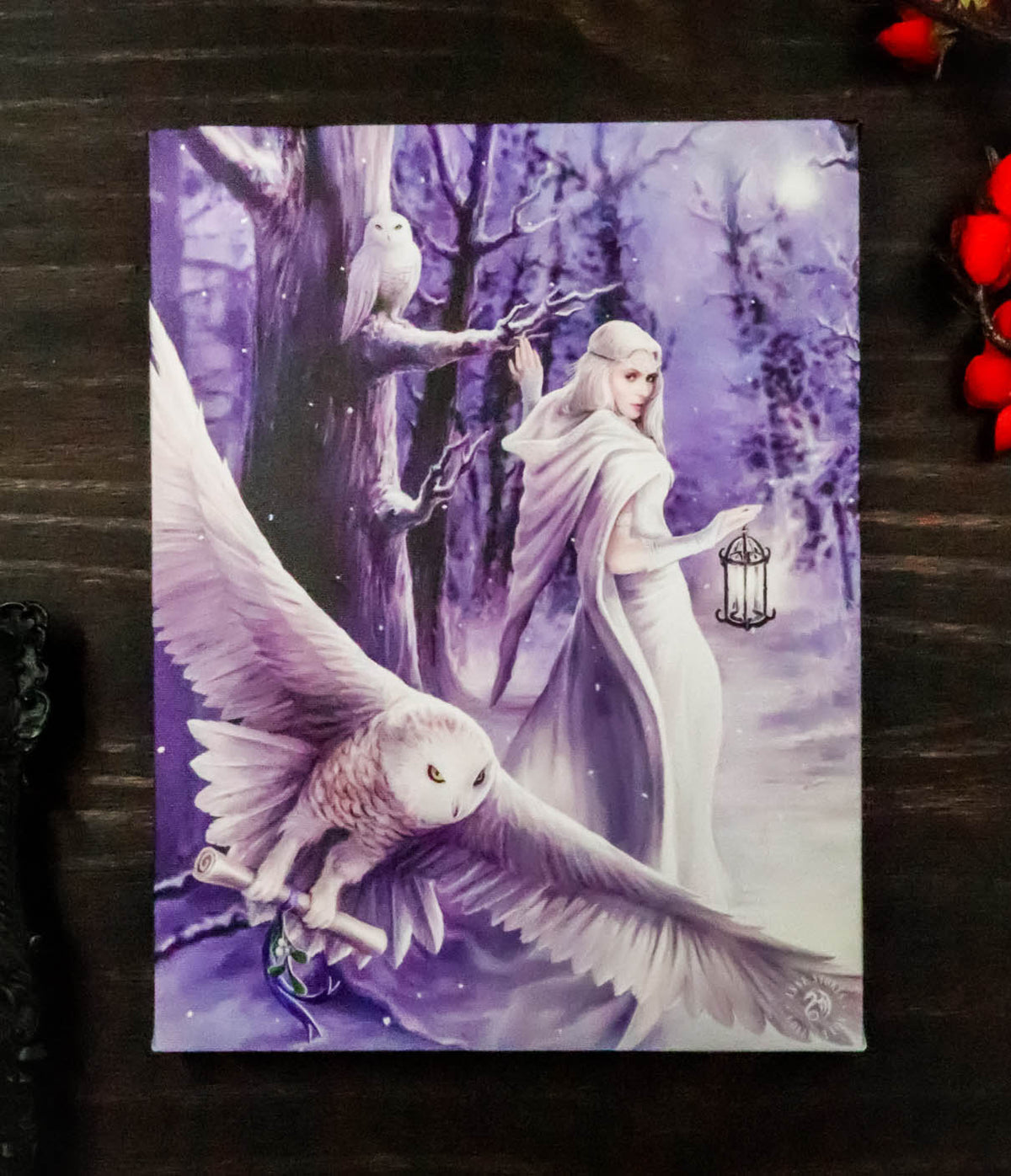 Ebros Anne Stokes Midnight Messenger Owl Fairy Wood Framed Picture Canvas Wall Decor
