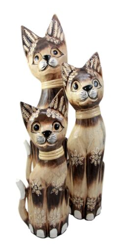 Balinese Wood Handicraft Striped Feline Cat Family Set of 3 Figurines 20"H
