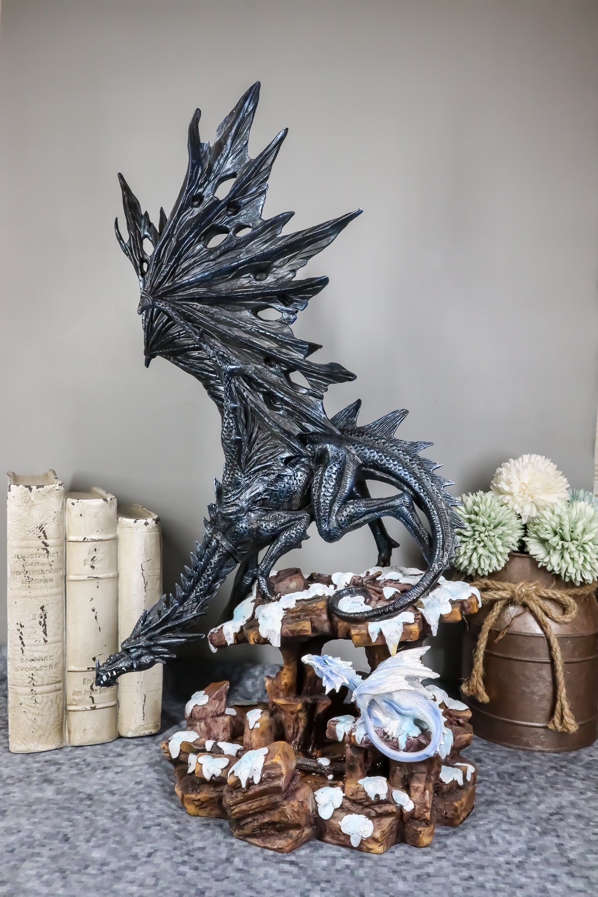Ebros Large Dark Dragon with Frozen Ice White Baby Hatchling Statue 18.5" Tall - Ebros Gift