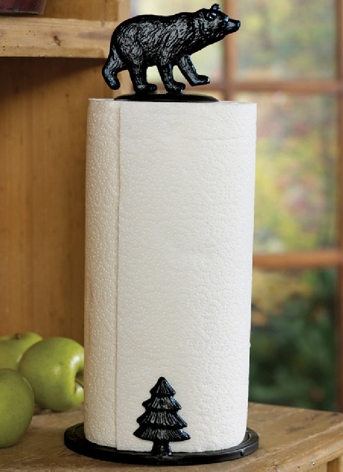 Ebros Rustic Forest Black Bear W/ Pine Tree Cast Iron Paper Towel Holder