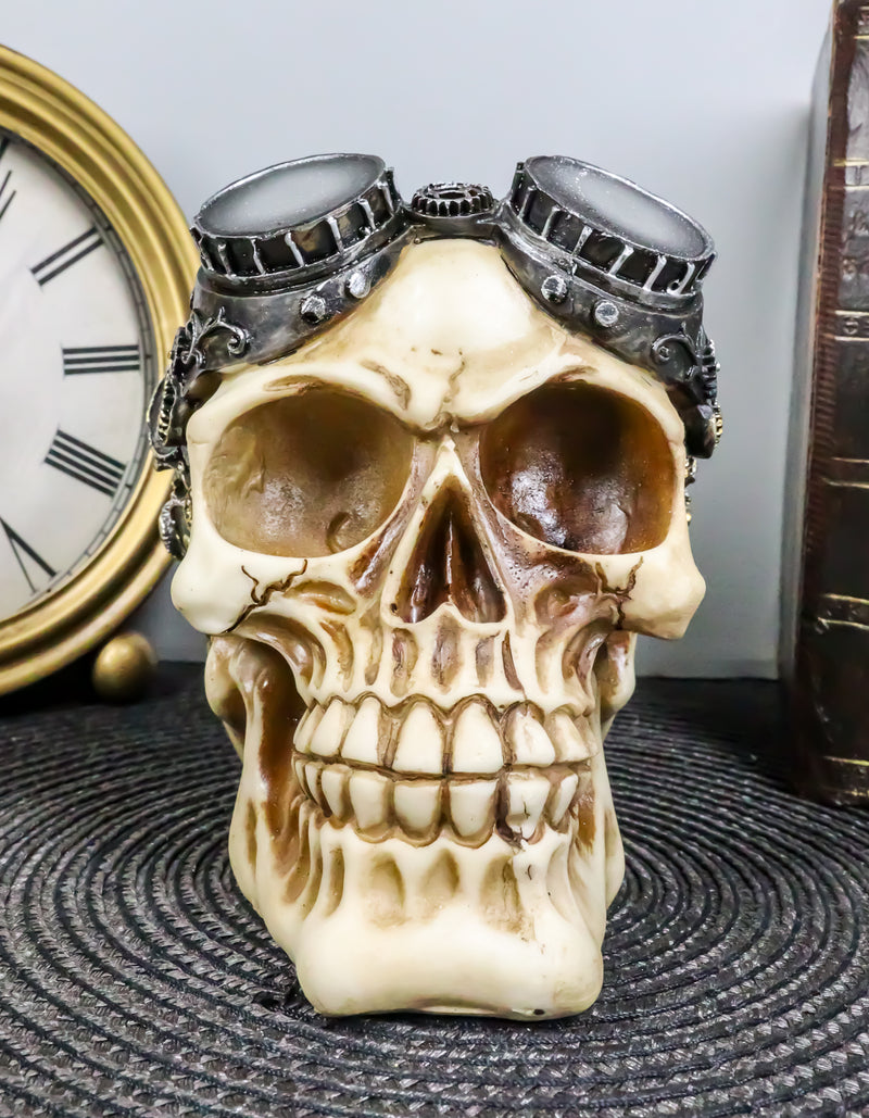 Steampunk Pilot Aviator Cyborg Skull Figurine Painted Gearwork Robotic Sculpture