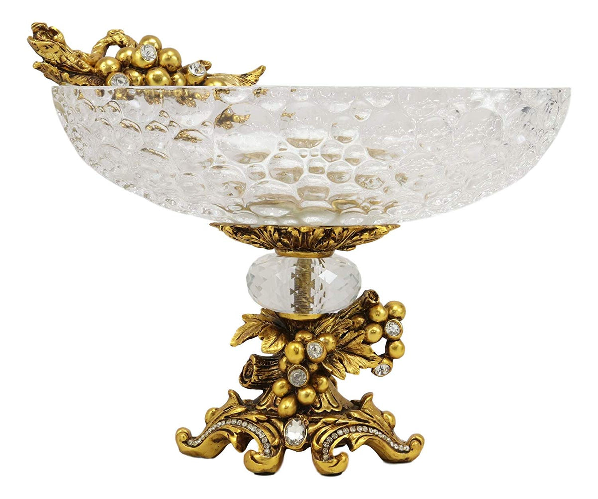 Ebros Gift Vintage Antique Baroque Design Oval Bowl Acrylic Glass Dish 11" Wide Dessert Fruits Footed Platter Stand with Electroplated Gold Vineyard Base Sculpture and Austrian Crystals Centerpiece - Ebros Gift