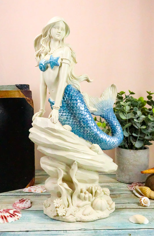 Ebros Ocean Aqua Blue Tailed Mermaid Sitting On Sea Rock Figurine 11.5"H - Ebros Gift