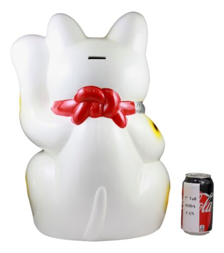 Japanese Lucky Charm White Beckoning Cat Maneki Neko Money Bank Statue 18.25"H