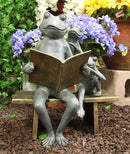 Aluminum Whimsical Daddy Frog Reading Story Book to Kids On Bench Garden Statue