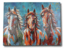 Rustic Country Western Colorful 3 Horses Printed Canvas Picture Wooden Frame 24"X18"