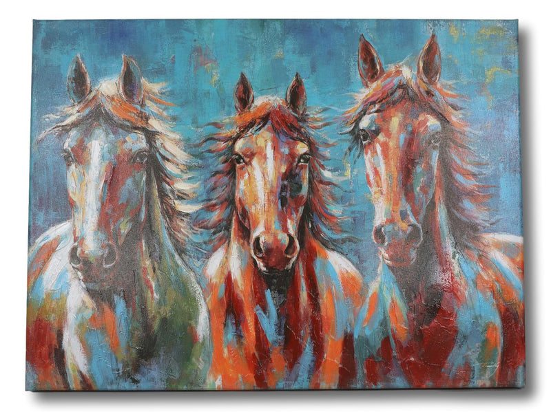 Rustic Country Western Colorful 3 Horses Printed Canvas Picture Wooden Frame 24"X18"