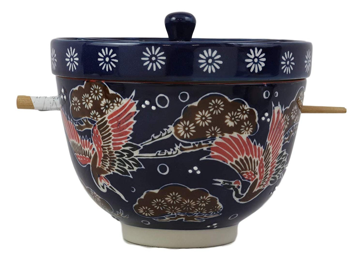 Ebros Japanese Dining Tempura Udon Noodles And Tentsuyu Dipping Sauce Large 6"D Bowl With Condiment Divider Lid And Built In Chopsticks Rest With Bamboo Chopsticks Set (Blue Japanese Stork)