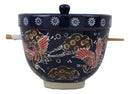 Ebros Japanese Dining Tempura Udon Noodles And Tentsuyu Dipping Sauce Large 6"D Bowl With Condiment Divider Lid And Built In Chopsticks Rest With Bamboo Chopsticks Set (Blue Japanese Stork)