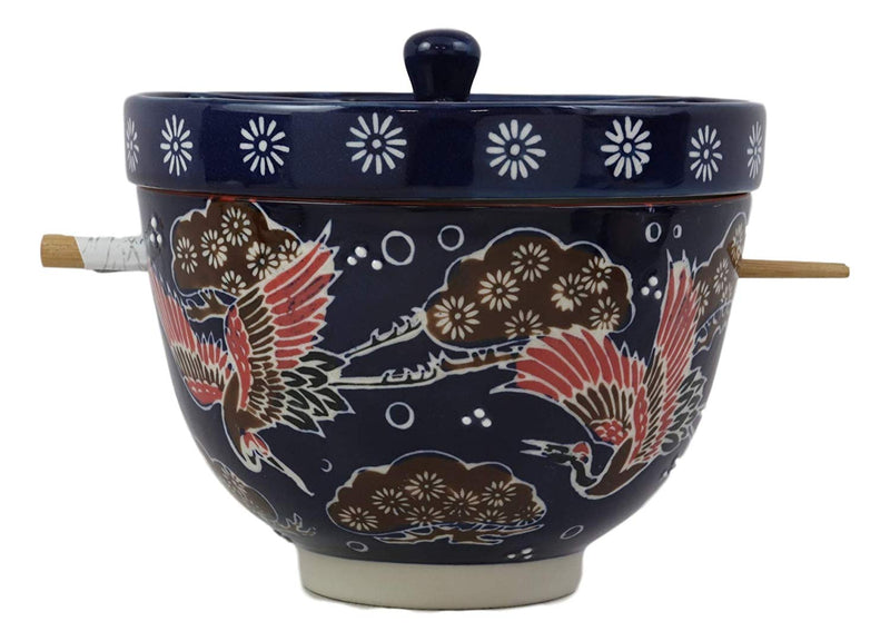 Ebros Japanese Dining Tempura Udon Noodles And Tentsuyu Dipping Sauce Large 6"D Bowl With Condiment Divider Lid And Built In Chopsticks Rest With Bamboo Chopsticks Set (Blue Japanese Stork)