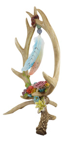 Rustic Double Deer Antlers With Feathers And Flowers Jewelry Tree Figurine