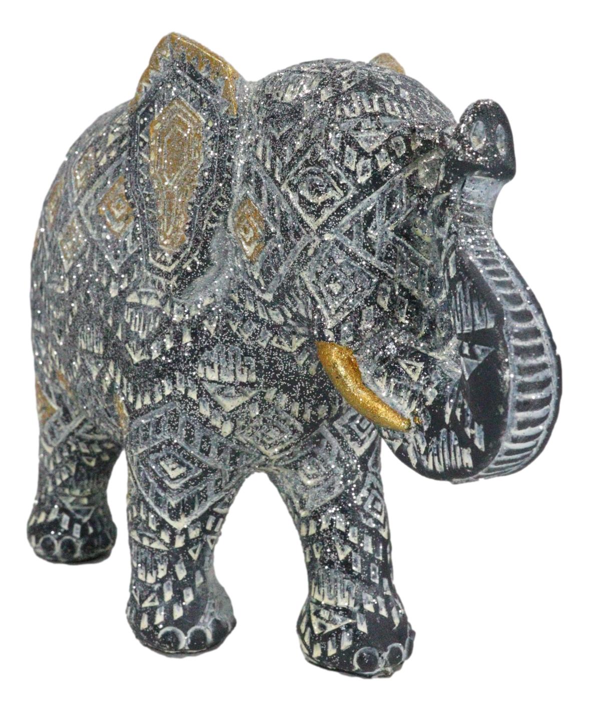 Auspicious Grey Glossy Mosaic Design Noble Aztec Elephant with Trunk Up Figurine