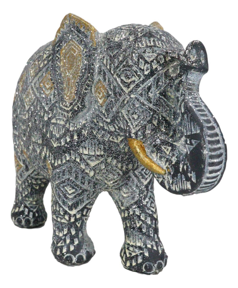 Auspicious Grey Glossy Mosaic Design Noble Aztec Elephant with Trunk Up Figurine