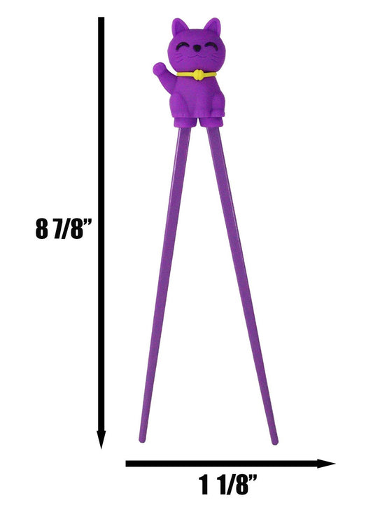 Purple Maneki Neko Lucky Cat Reusable Training Chopsticks Set W/ Silicone Helper - Ebros Gift