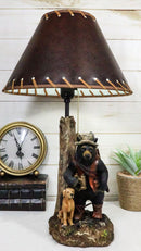 Rustic Forest Hunting Dog And Black Bear With Rifle and Binoculars Table Lamp