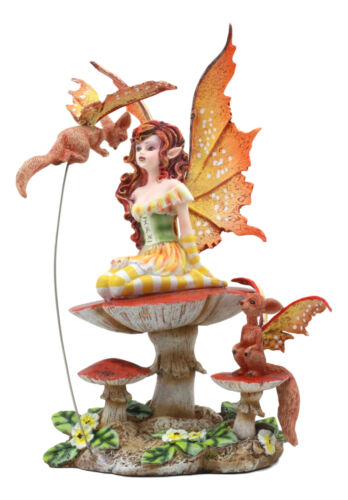 Amy Brown Pretty Summer Fairy On Toadstool Mushroom With Fox Pixie Fairy Statue